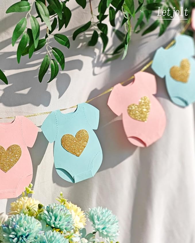 Blue Pink Baby Shower Paper Garland Short-Sleeve Bodysuits Clothesline Garland Gender Reveal Birthday Banner Baby Outfit Pre - Strung Paper Decorations 9 pcs