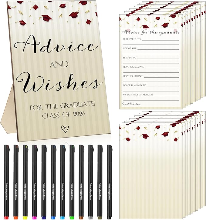 113 Pcs Class of 2026 Graduation Party Favors Include 1 Advice and Wishes Wooden Sign 100 Graduation Advice Cards with 12 Fineliner Ink Pens for The Graduate Class of 2026(Red)