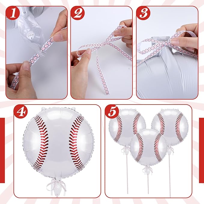 36 Pcs Baseball Balloons, 18 Inch Baseball Metallic Foil Balloons with Ribbons, Sports Party Decorations for Senior Night Birthday Baby Shower Party Supplies
