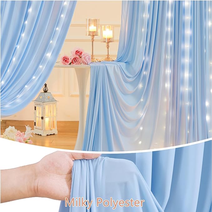10 x 10ft Baby Blue Polyester Backdrop Curtains with Lights String for Baby Shower, Wedding, Anniversary & More - 2 Pack (5 x 10ft Each) with 9.8ft USB Powered Curtain Lights & 12 Clips