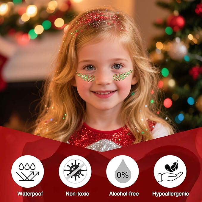 Christmas Hair Glitter Stick,Red and Green Silver Face Body Glitter Makeup,Waterproof Christmas Outfits for Women, Stocking Stuffers Sparkling Party Gift for Girls,Chunky Glitter Makeup