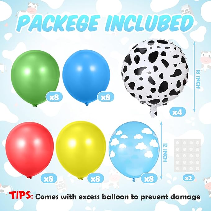 4 Sets Cartoon Birthday Party Decorations Table Centerpiece Red Yellow Blue Green Balloon Stand Kit with Cloud Cow Print Foil and Latex Balloon for Baby Shower Farm Animals Wedding Supplies