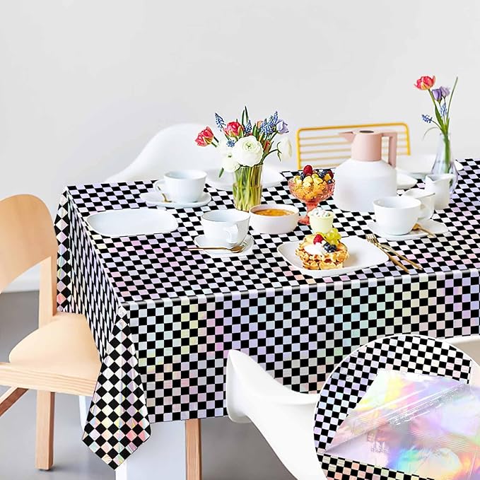2 Pack Black and Iridescent Checkered Tablecloth Shiny Disposable Holographic Foil Table Cloth Plastic Laser Rectangle Table Cover for Picnic Birthday Party Race Car Tablecloth