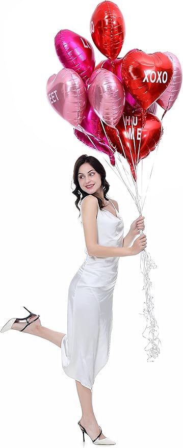 12 pcs Heart Balloons,18" Foil Love Balloons Mylar Balloons, XOXO LOVE SWEET BE MINE heart balloons Valentines Day Decorations Balloons for Propose,Wedding Décor Backdrop & Party Supplies (TEXT HEART)