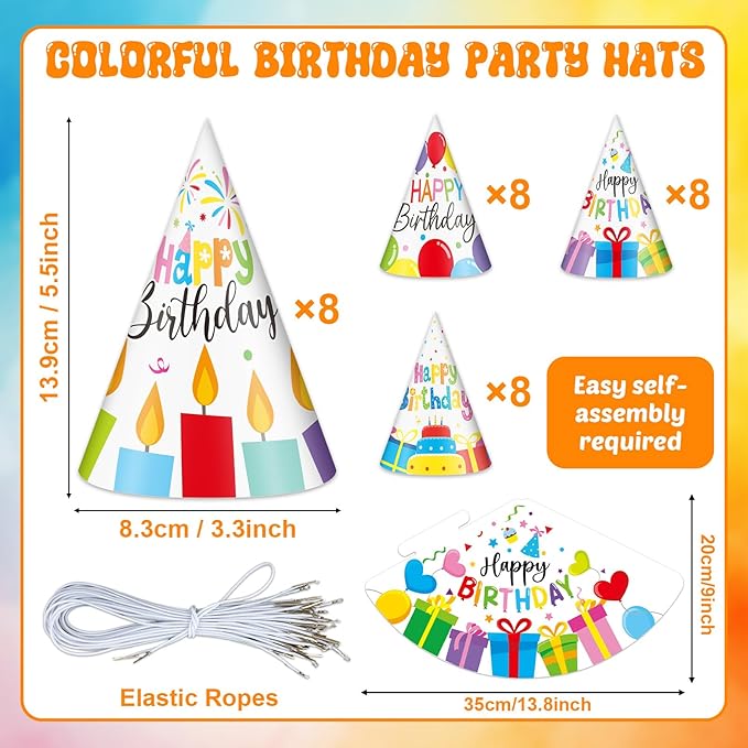 32Pcs Colorful Party Hats for Kids Happy Birthday Cone Paper Hats Classroom Celebration Supplies Favors