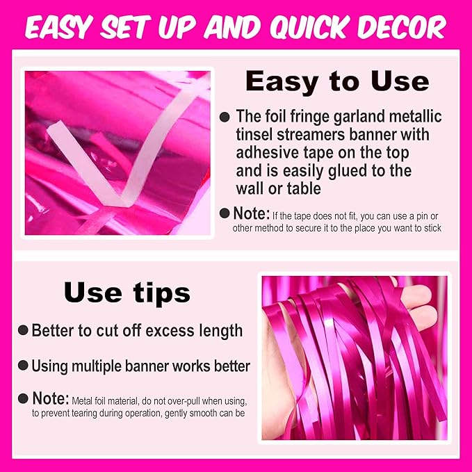 3 Pack 10 Ft Fuchsia Foil Fringe Garland Metallic Streamers Tinsel Banner Wall Hanging Garland Backdrop for Parade Floats, Halloween, Christmas, Thanksgiving, New Year Party Decorations