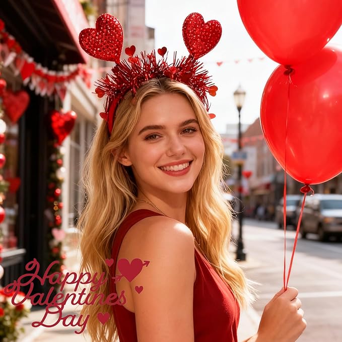Valentines Headband with Sequin Heart Designs Red Heart Headbands Shiny Red Tassel Head Bopper Romantic Valentines Hair Accessories for Valentines Lover Party Hair Accessory Supplies 1pcs