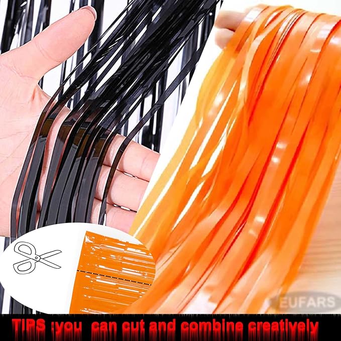 Foil Fringe Curtains - 4 Pack of 3.2x8.2ft Orange Black Foil Fringe Curtains for Birthday Halloween Photo Backdrop Party Decorations, Orange and Black Party Streamers for Photo Booth Props
