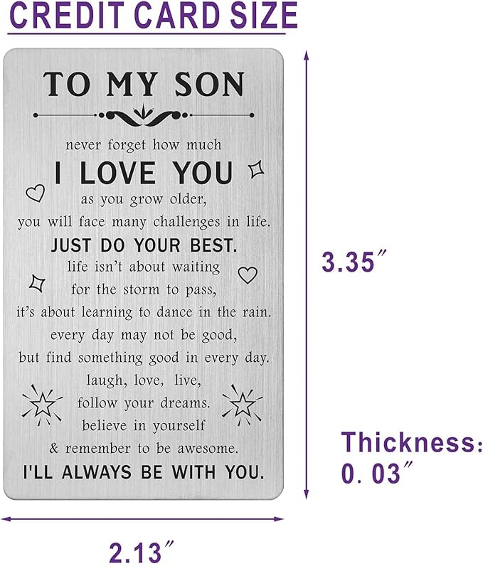 TANWIH Gifts for Son - Engraved Metal Son Wallet Card - Sons Birthday Graduation Christmas Card Gift from Mom Dad Parents