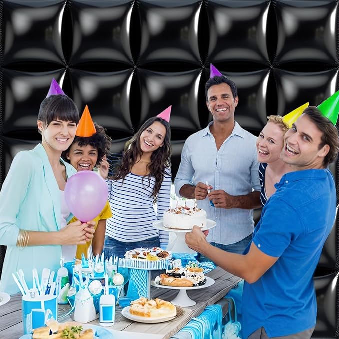 50pcs Black Square Foil Balloons Wall Backdrop with 80pcs Black Balloon Garland Arch Kit, Double Sided Balloon Tunnel for Anniversary New Year Birthday Graduation Baby Shower Party Decorations