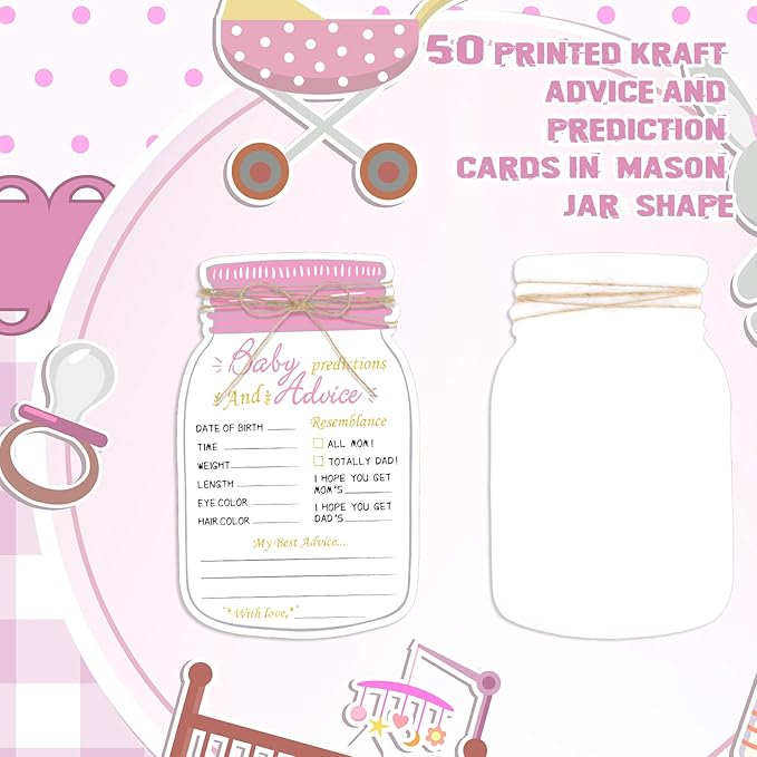 Lincia 50 Pcs Baby Shower Prediction and Advice Cards Pink Mason Jar Baby Prediction Cards for Girl or Boy Gender Reveal Decorations Gender Neutral Decor Activity Games Keepsake for New Parents