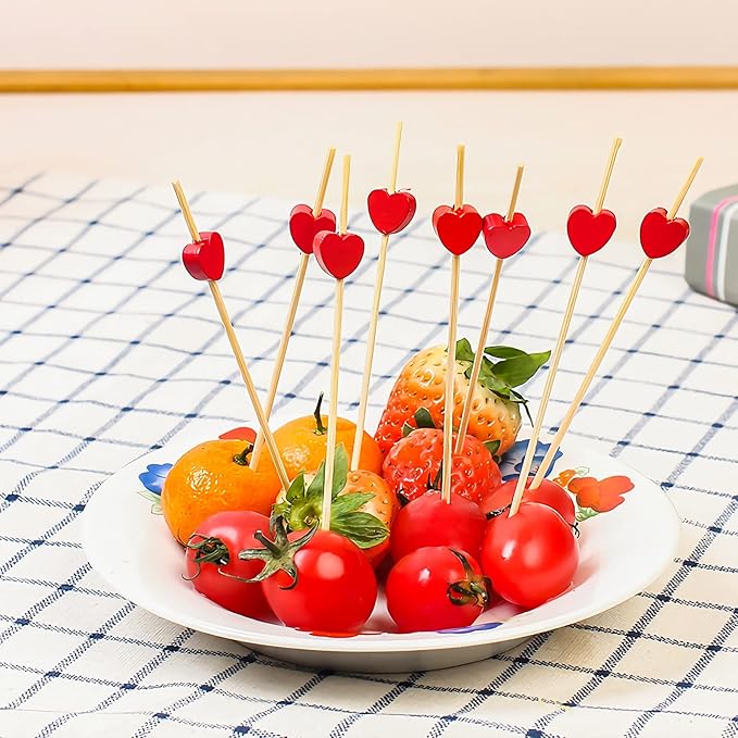 100pcs Red Heart Cocktail Picks 4.7" Long Fruit Sticks Food Toothpicks Sandwich Appetizer Charcuterie Skewers, Handmade of Bamboo Wood, for Birthday, Wedding, Valentines Day Decoration Party Supplies