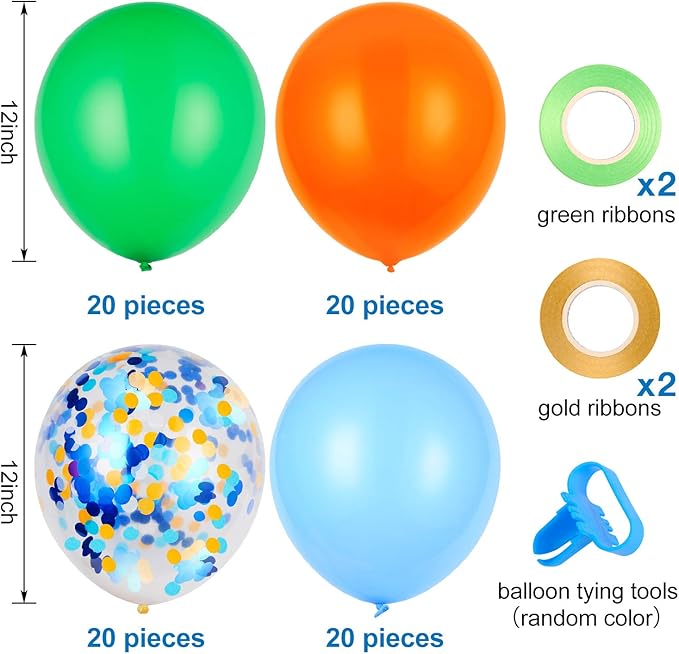 Orange Blue and Green Latex Balloons with Confetti Balloons for Dinosaur Baby Shower Birthday Party(80 Packs)