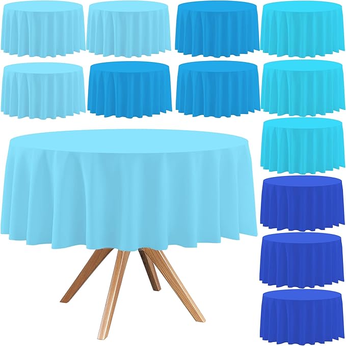12 Pack Blue Round Disposable Tablecloths, Waterproof Plastic Table Covers for Wedding Birthday Baby Shower Party Decor, 84 Inches