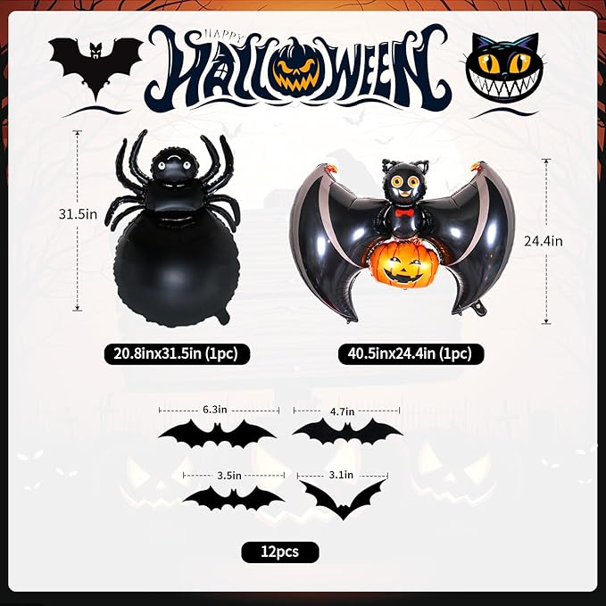 Halloween Balloons Garland Kit, Black Wine Red Balloons Arch Kit with Spider Bat Pumpkin Skull Foil Balloon, Pink Purple Macaron Balloons with 3D Fake Bats For Halloween Party Home Garden Decorations