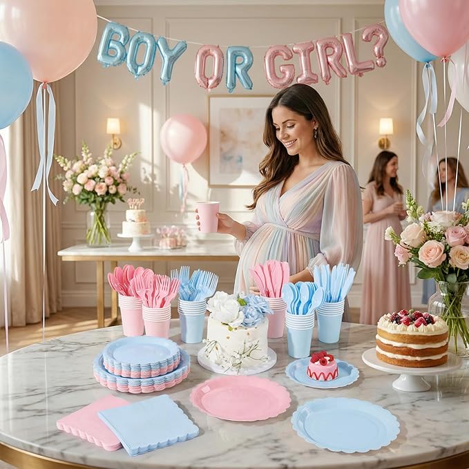 LIYH 350 Pcs Gender Reveal Pink and Blue Plates and Napkins Set for 50 Guest Party Supplies Include Scalloped Paper Plates Cocktail Napkins Cups Spoons Forks Knives for Baby Shower, Birthday, Easter