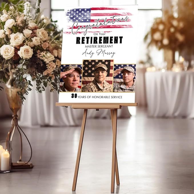 Personalized Patriotic Military Retirement Party Welcome Sign - Custom Army Retirement Celebration Welcome Poster - American Flag Theme Decor - Indoor/Outdoor Use - MultiSizes