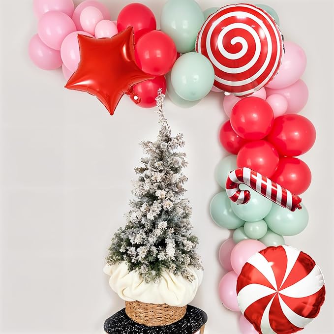 Christmas Balloons Set, 35pcs Xmas Baby Pink Red Light Green and Candy Cane Star Foil Balloons for Merry Christmas Candy Theme Candyland Party Baby Shower Gender Reveal New Year Decorations Supplies
