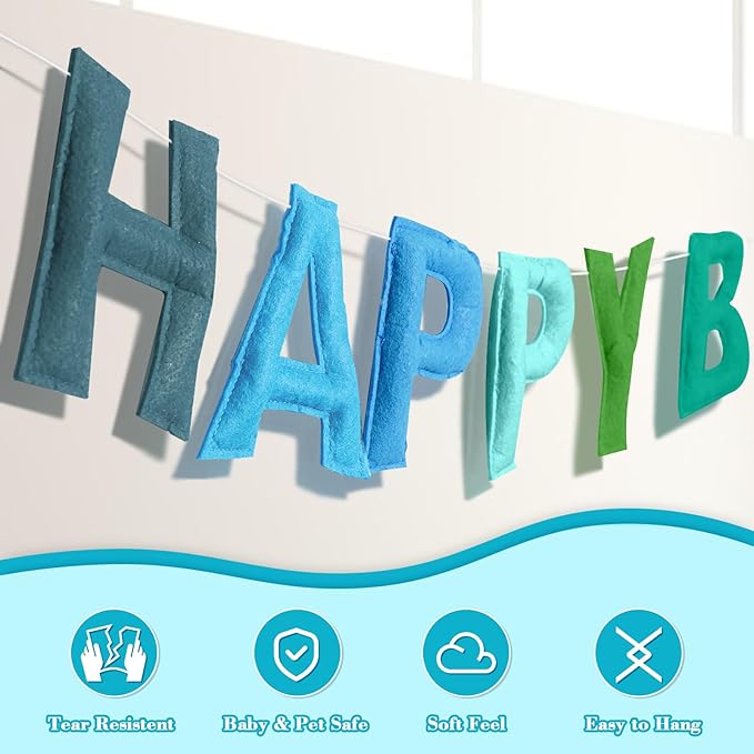 4PCS Pre-Strung Happy Birthday Banner - Felt Happy Birthday Garland, Ball Garland, Felt Pennant Flag, Blue Thread Tassel Reuasble Party Decorations for Boys Men Kids