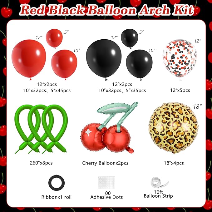 JOGAMS 174Pcs Betty Party Decorations,Cheetah Print Red and Black Party Decorations with Confetti Cherry Cheetah Print Green 260 Balloons for Bachelorette Birthday Baby Shower Vintage Retro Party