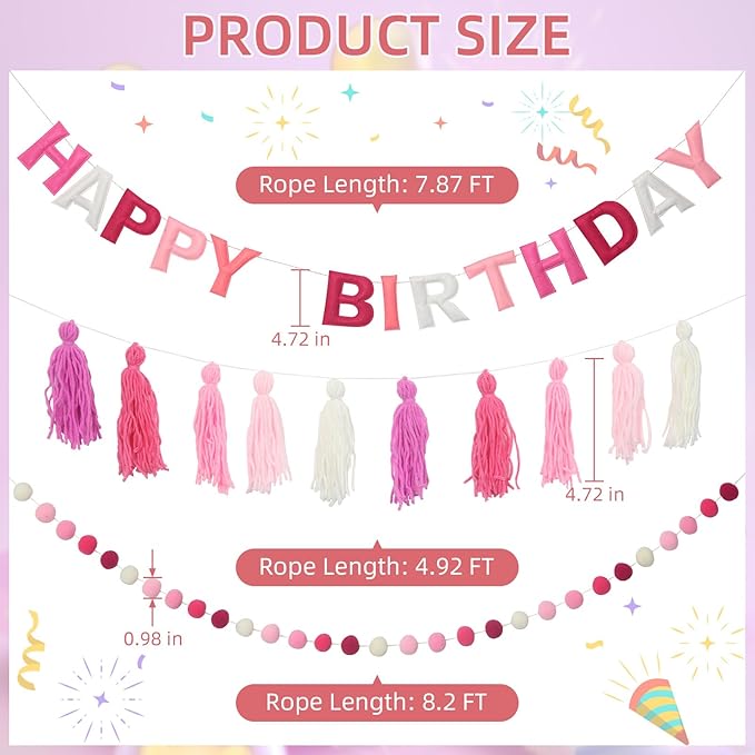 Pre-Strung Happy Birthday Banner Felt Ball Garland Banner Sign for Pink Birthday Party Decorations Mermaid Party Decor