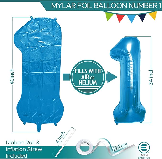 40 Inch Large Blue Number Celebration and Decoration Balloon for Birthday Parties, Graduations, Anniversaries, Weddings, Photo Shoots, Special Events - Helium Foil Mylar (Blue Number 1)