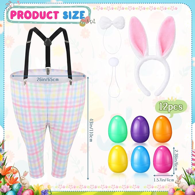 Vinsot 16 Pcs Easter Granny Pants Yard Game Set Oversized Granny Pants with Colorful Easter Eggs, Bowtie, Bunny Ears and Tail, Outdoor Tossing Game Bunny Suit for Spring
