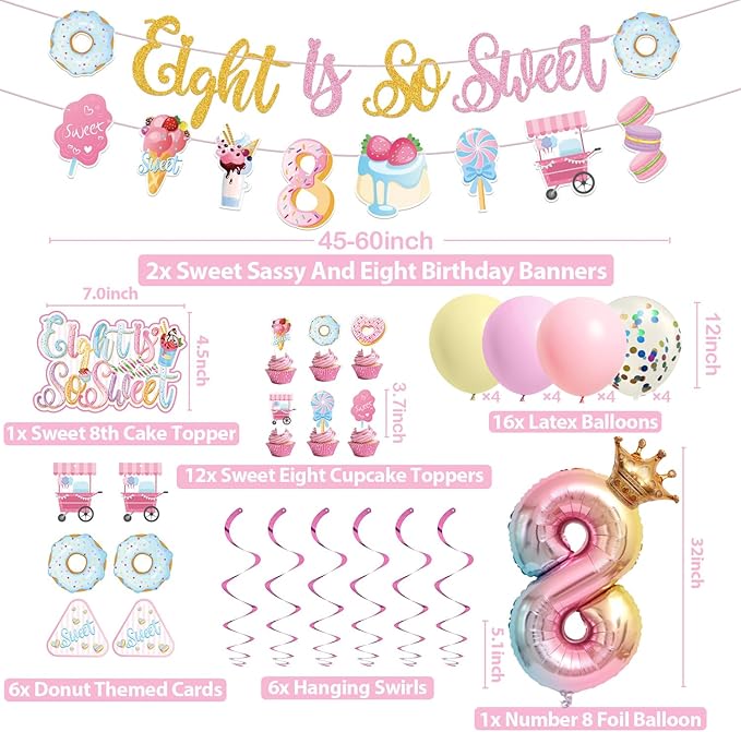 Sweet Sassy And Eight Birthday Decorations- 8th Birthday Decorations For Girls With Donut Banner Sweet Cake Topper 8th Foil Balloon For 8th Donut Themed Party Decor Sweet Eight Party Supplies