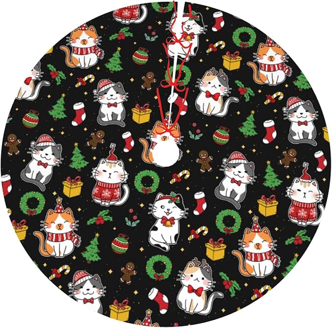 Funny Cats Christmas Tree Skirt, 30 Inch Xmas Tree Mat for Holiday Party Home Decor Indoor Outdoor Use with Adorable Cat Designs 48"