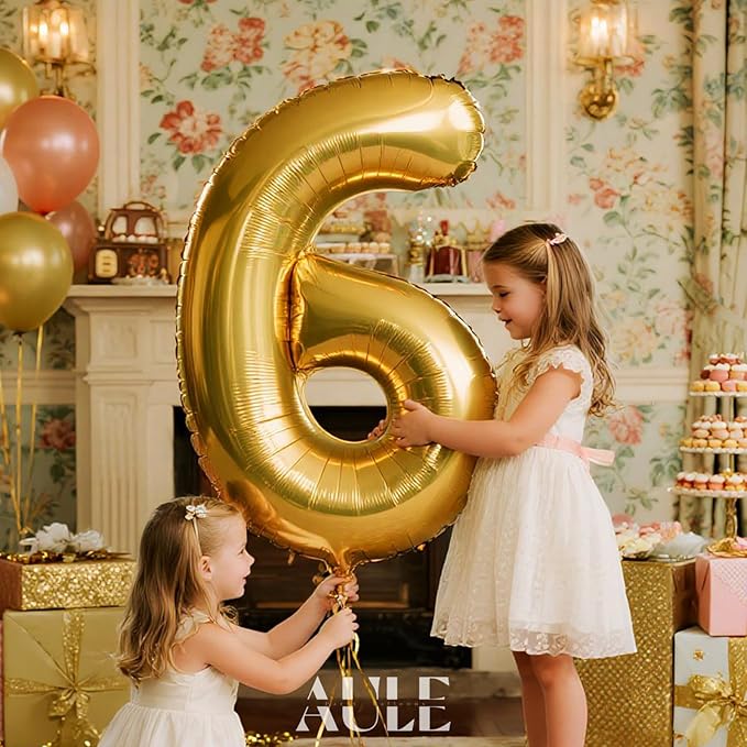 AULE 40 Inch Big Gold 6 Balloon Number Large Foil Helium Number Balloons 0-9 Jumbo Giant Happy 6th Birthday Party Decorations for Boy or Girl Huge Mylar Anniversary Party Supplies