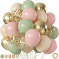 Pink and Green Balloons, 60Pcs 12 Inch Sage Green Pink Sand White Gold Confetti Balloons for Boho Baby Shower Jungle Woodland Floral Fairy Birthday Party Decorations