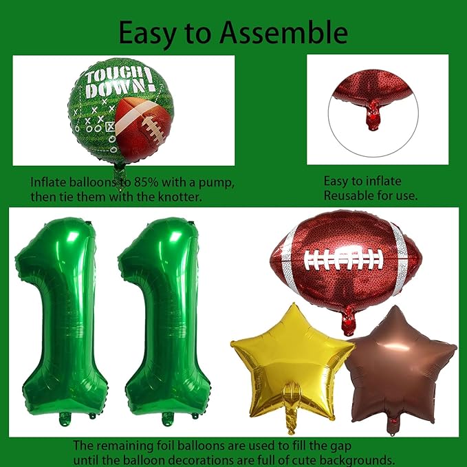 Football Balloons Foil Football Birthday Decorations Balloons Green Number 11 Balloon Gold Brown Star Touchdown Ballons for Rugby Birthday Decorations Sports Ballons Arch Kits Party Balloon Sets 10pcs