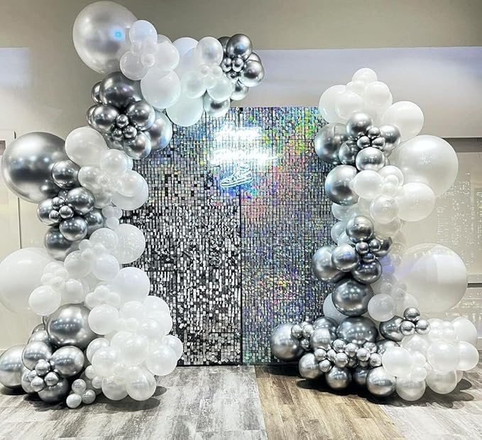 White and Silver Balloon Arch Kit, 140Pcs White Metallic Silver and Silver Confetti Party Balloon Garland Kit for Birthday, Wedding, Engagements, Baby Shower, Anniversary Party Decorations