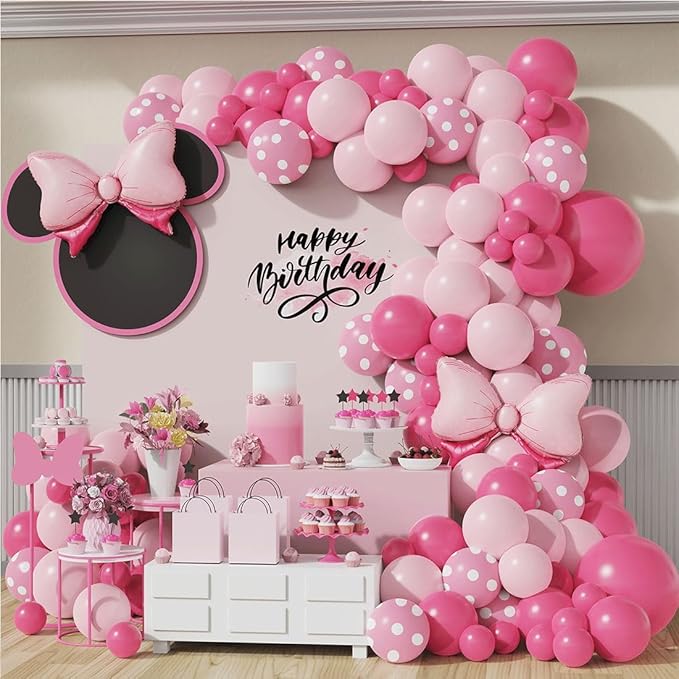 Pink Mouse Balloon Garland Arch, 136Pcs Pink Rose Polka Dots Balloon for Mouse Theme Birthday Girl Baby Shower Decoration