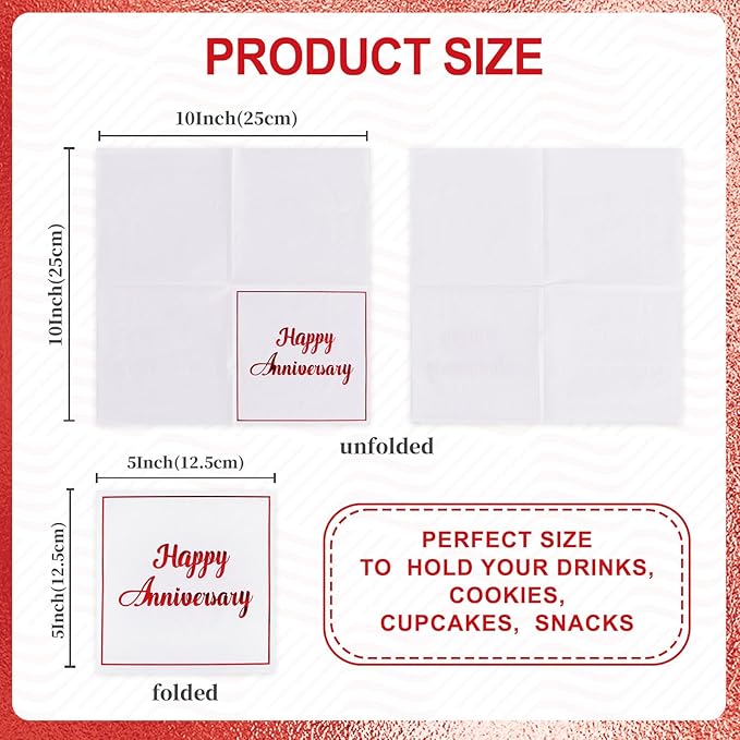 Vuzvuv 50 Pack Red Foil Happy Anniversary Decorations Cocktail Napkins - Wedding Dating Anniversaries Party Dinner Hand Napkin for Party Supplies Decorations Table Decor (5" Folded 2 Ply)