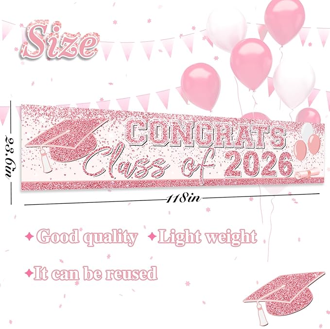 Pink Graduation Party Decorations Class of 2026 Banner Congrats Grad Rose Gold Graduation Yard Sign Banner for High School College Party