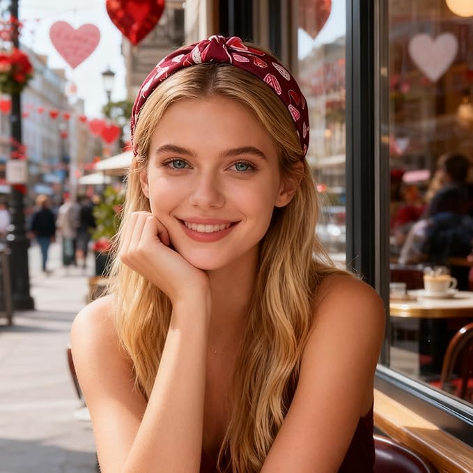Valentines headband Non Slip Cute Knotted Headbands with Heart Love designs Fashion Women Head Band for Hair Wide Top Knot Headbands for Women Holiday Party Head wear Accessories Supplies Gift 1pcs