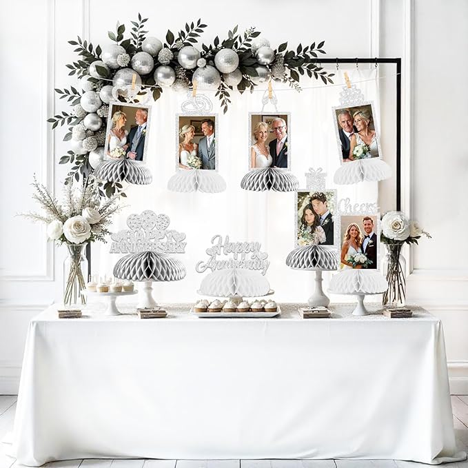 Cheereveal 8 Pieces Happy Wedding Anniversary Honeycomb Centerpiece, Silver Glitter Photo Table Topper, Anniversary Theme Party Supplies for Adult 10th 20th 25th 30th 40th 50th 60th Decorations