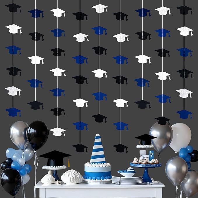 Blue and Silver Graduation Garland Graduation Party Decorations Class of 2026 Grad Cap Garland Banner Streamers for Grad Party Hanging Decorations 39Feet