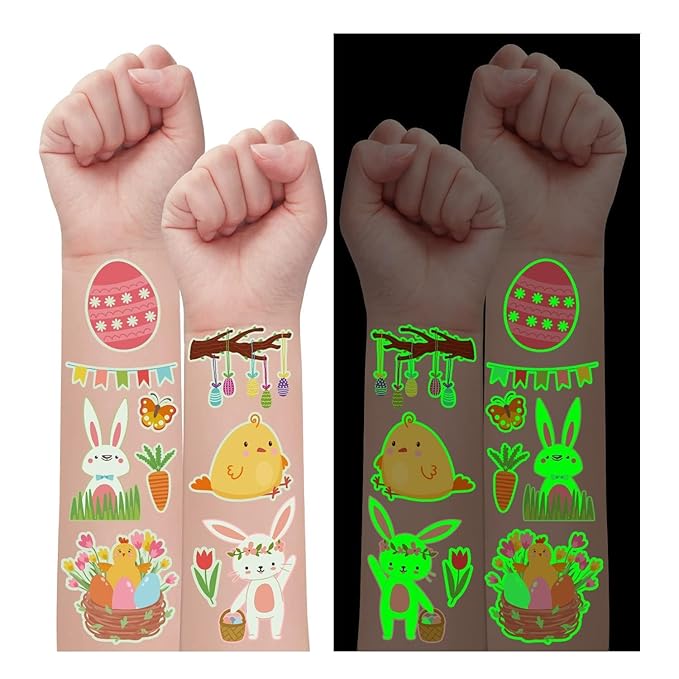 PARTYWIND Glow Easter Basket Essentials Temporary Tattoos for Kids, 100 Styles Luminous Fake Tattoo Stickers with Easter Eggs/Rabbits/Chicks, Party Supplies Goodie Bags Stuffers for Basket