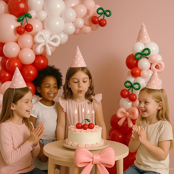 CROSSFINGERS Cherry Red Balloon Garland Arch Kit, Bow Pastel Pink and White Birthday Balloons Garland for Cherry Themed Birthday Baby Shower Wedding Galentine's Bridal Shower Party Decorations