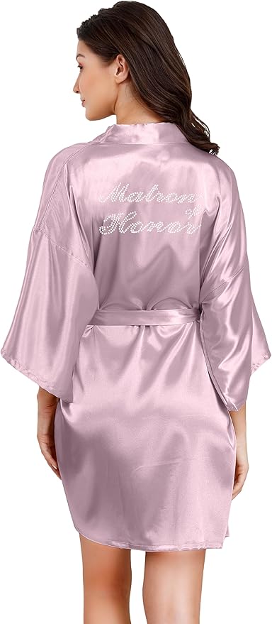 EPLAZA Women's One Size Silver Rhinestones Bride Bridesmaid Short Satin Robes for Wedding Party Getting Ready