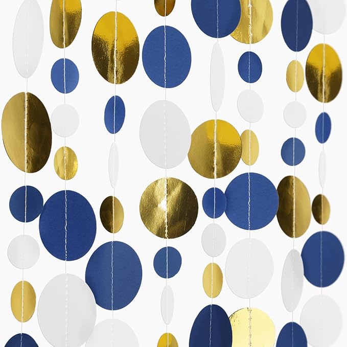 GCQQ 52Ft Blue Gold Circle Garlands Royal Blue Paper Polka Dot Streamer Garland Glitter Circle Dots Hanging Garland for Ramadan Graduations Nautical Ahoy Achor Pirate Party Decoration