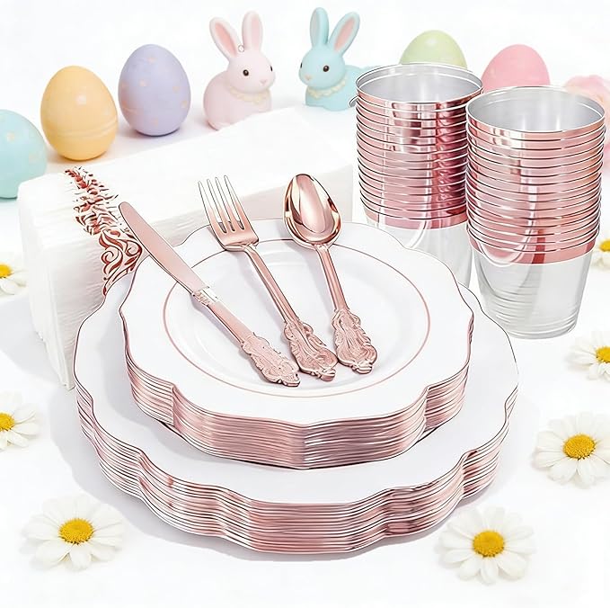 NOCCUR 175PCS Rose Gold Plastic Plates with Disposable Silverware - Include 25Dinner Plates, 25Dessert Plates, 25Forks, 25Knives, 25Spoons, 25Cups, 25Napkins for Party/Easter Day