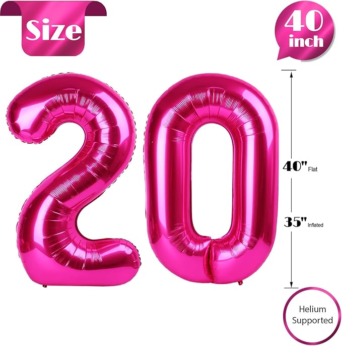 Hot Pink Number 20 Balloons 40 inch, 20 Number Balloons, 20th Birthday Decorations, 20 Year Old Women Hot Pink Party Supplies