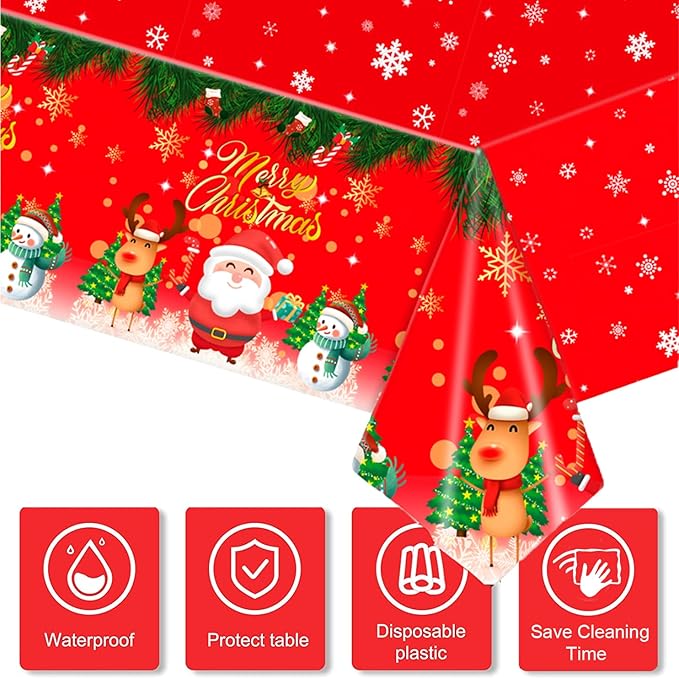 3 Pcs Plastic Christmas Tablecloths, 54*108 Inch Disposable Tablecloths with Santa Claus & Reindeer Pattern for Rectangle Tables, Merry Christmas Party Decoration (3 Pack)