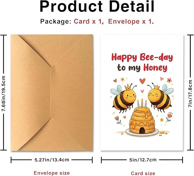 KINGNAME Cute Bee Pun Birthday Card for Wife Husband Girlfriend Boyfriend, Happy Bee-Day to My Honey, Sweet Anniversary Love Greeting Card for Partner