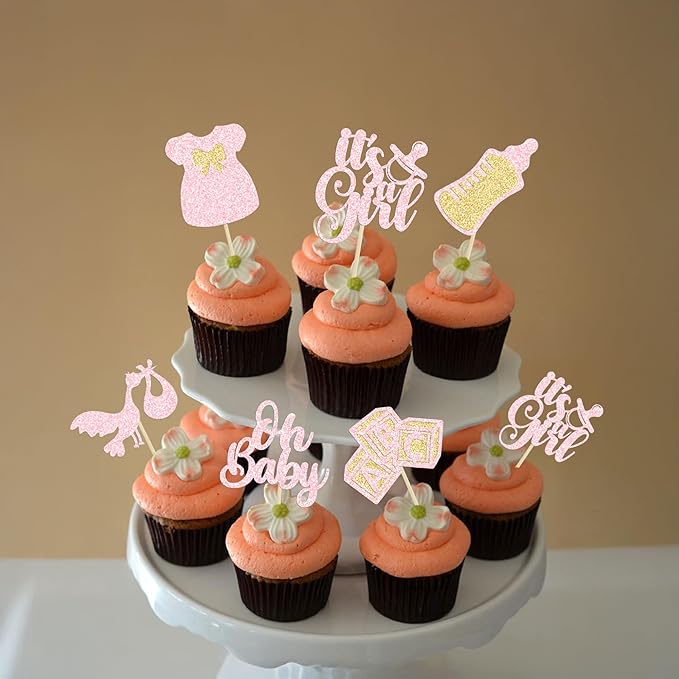 Gyufise 24Pcs Baby Shower Cake Topper, Light Pink, Baby Girl Themed Cupcake Picks for Gender Reveal, Birthday Party Supplies