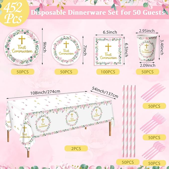 Ceenna 452 Pcs First Communion Party Decoration Girl for 50, Pink Baptism Paper Plate Napkin Cup Tablecloth Cutlery Straw God Bless Disposable Tableware for Christening Religious Baby Shower Supplies
