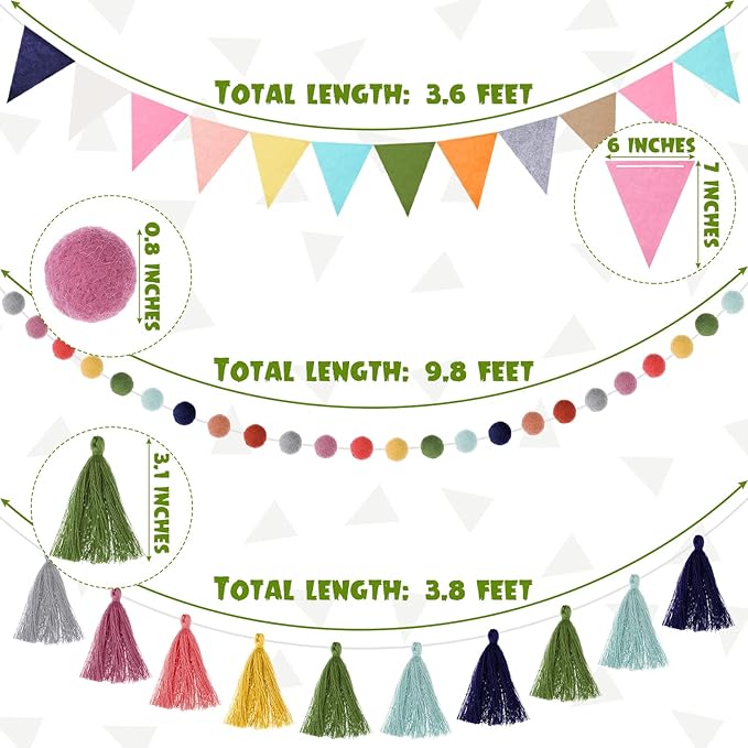 Irenare 9.8ft Pom Pom Garland Felt Rainbow Garland Graduation Party Decoration Colorful Pennant Tassel Banner Birthday Baby Shower Triangle Banner for Classroom School Mantel Fireplace(Bright Color)
